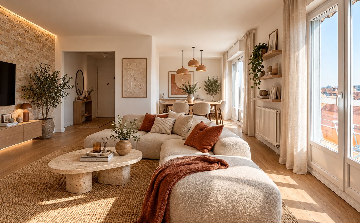Séjour d'un appartement à Toulouse aménagé par NÉRINE studio : canapé bouclette écru, table basse en travertin, parement pierre et touches terracotta