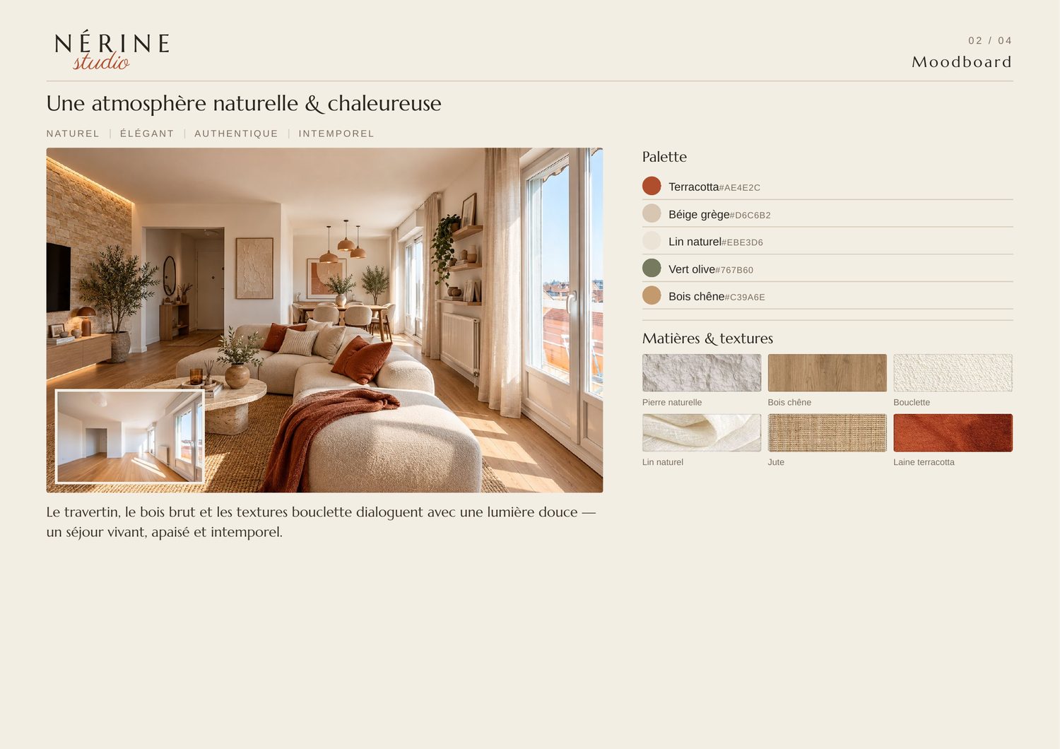 Moodboard du séjour : palette terracotta et grège, échantillons de pierre, chêne, bouclette, lin et jute