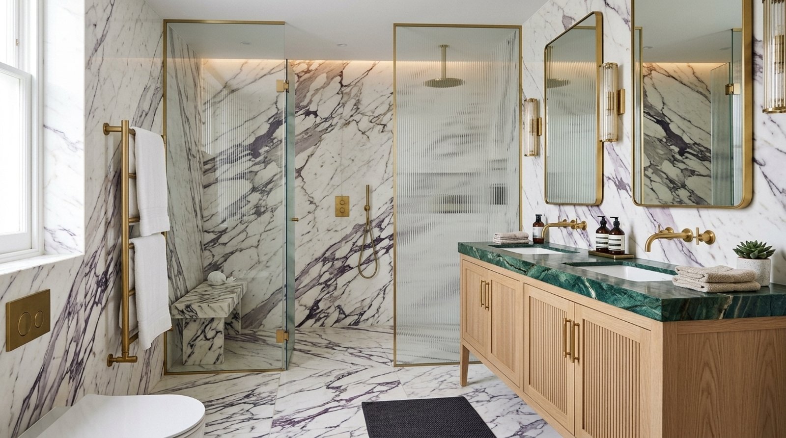 Salle de bain en marbre Calacatta Viola, plan vasque en marbre vert et laiton brossé